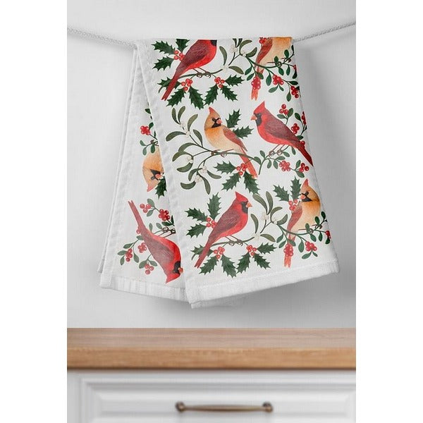 Cardinal Pair with Winter Berries Tea Towel | Holiday Decor | boogie + birdie