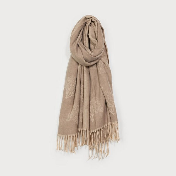 Beige Silky Tree Print with Fringe Scarf (6213-LTG) | Scarves | boogie + birdie