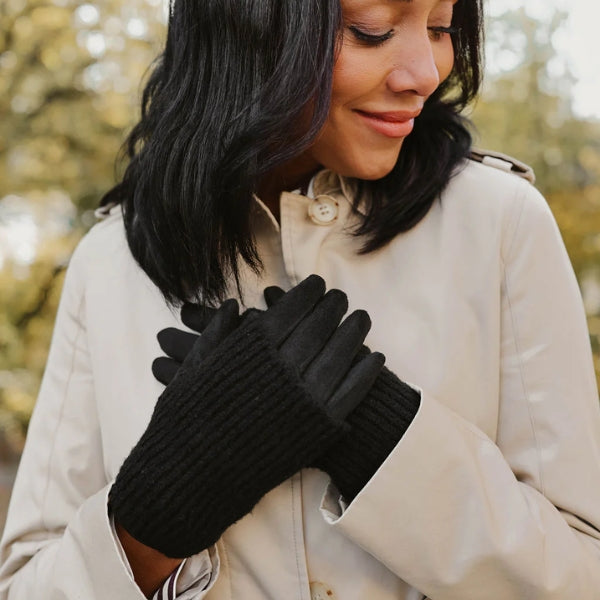 Black Ribbed Wrist Warmer Faux Suede Gloves | Winter Accessories | boogie + birdie