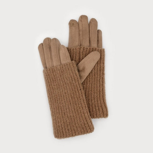 Beige Ribbed Wrist Warmer Faux Suede Gloves (9010-BRN) | Winter Accessories | boogie + birdie