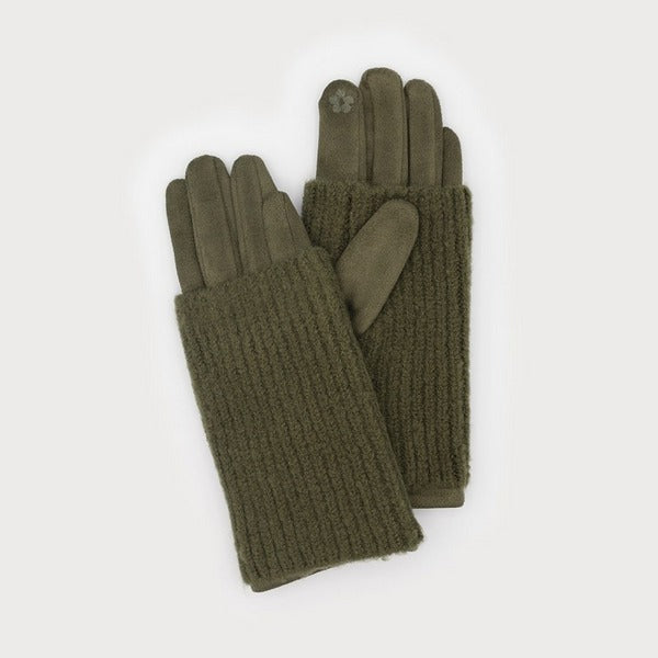 Khaki Ribbed Wrist Warmer Faux Suede Gloves (9010-KAK) | Winter Accessories | boogie + birdie