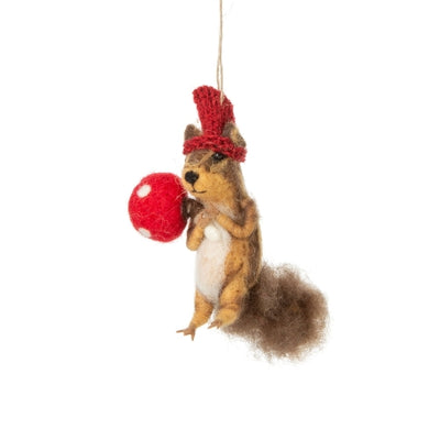 Squirrel in Red Hat with Mushroom Felt Ornament  | Holiday | boogie + birdie
