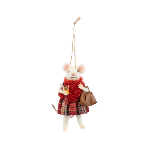 Mouse in Red Scarf & Plaid Skirt Holding A Purse Felt Ornament | Holiday Decor | boogie + birdie