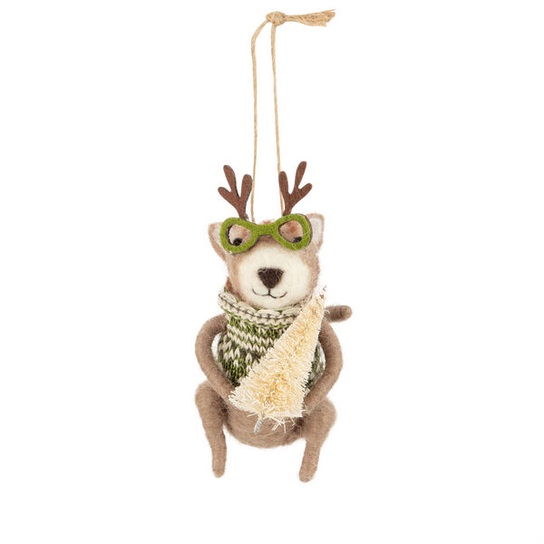 Dog with Antlers & Glasses, Holding a Tree Felt Ornament | Holiday Decor | boogie + birdie