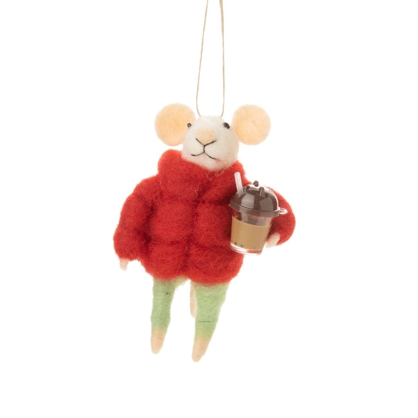 Mouse in Red Puffer Coat with Iced Coffee Felt Ornament (A13476) | Holiday Decor | boogie + birdie