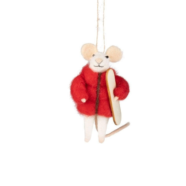 Mouse Snowboarding in Red Coat Felt Ornament (A13571) | Holiday Decor | boogie + birdie