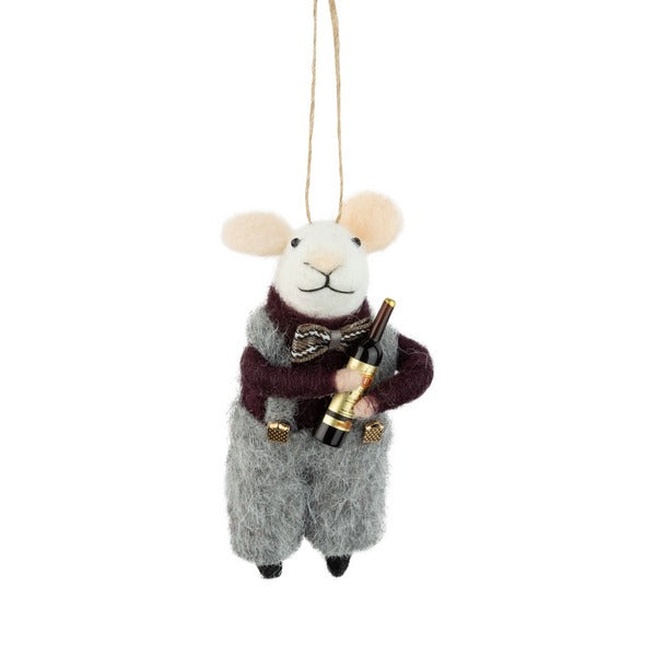 Mouse in Grey Overalls with Wine Felt Ornament (A13626) | Holiday Decor | boogie + birdie