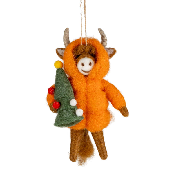 Highland Cow in Puffy Orange Coat Felt Ornament | Holidays | boogie + birdie