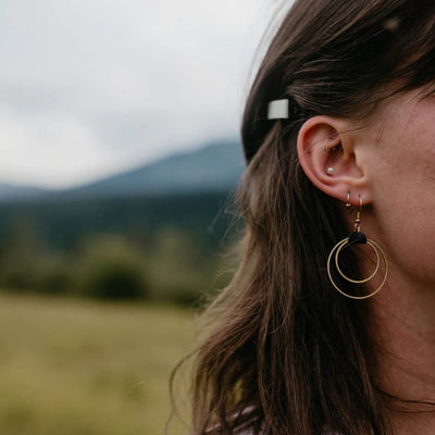 Black Leather & Brass Circles Drop Earrings | whitebirch handmade | boogie + birdie