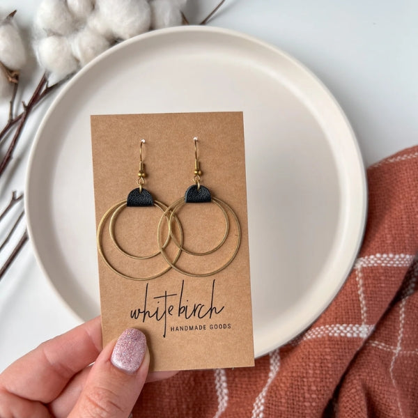 Black Leather & Brass Circles Drop Earrings | whitebirch handmade | boogie + birdie