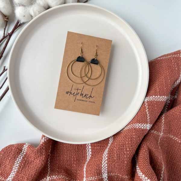 Black Leather & Brass Circles Drop Earrings | whitebirch handmade | boogie + birdie