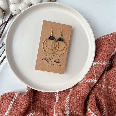 Black Leather & Brass Circles Drop Earrings | whitebirch handmade | boogie + birdie