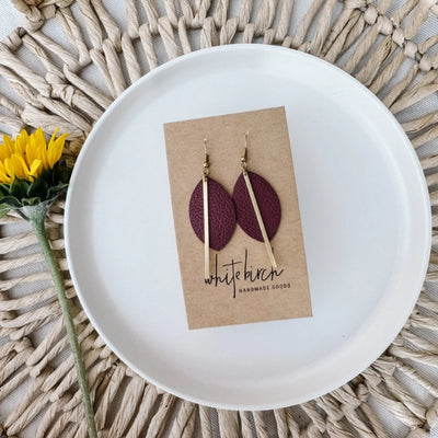 Burgundy Leather Petal and Brass Bar Drop Earrings | whitebirch handmade | boogie + birdie
