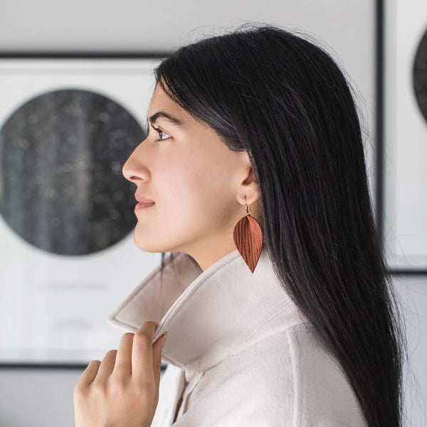 Cinnamon Leaf Leather Drop Earrings | whitebirch handmade | boogie + birdie