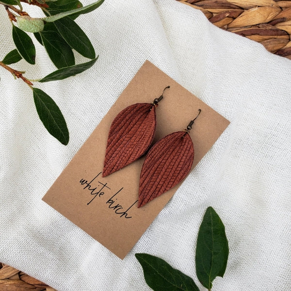 Cinnamon Leaf Leather Drop Earrings | whitebirch handmade | boogie + birdie