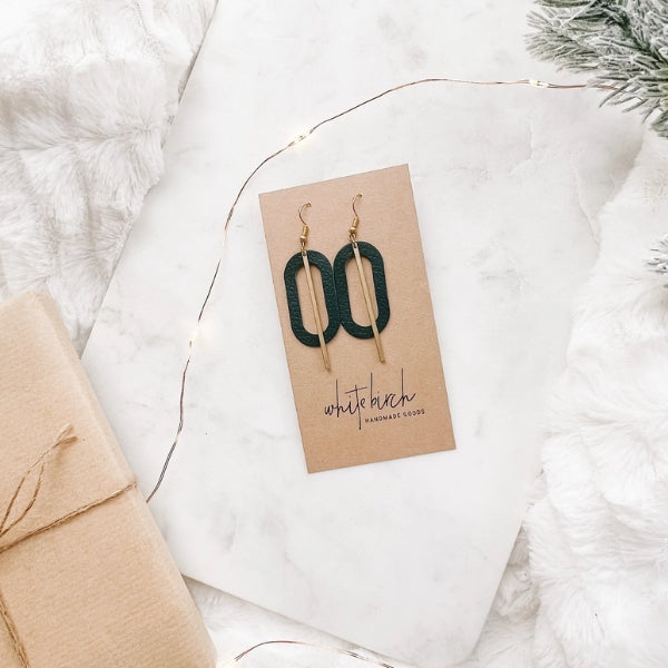 Green Leather Oval & Brass Bar Drop Earrings | whitebirch handmade | boogie + birdie