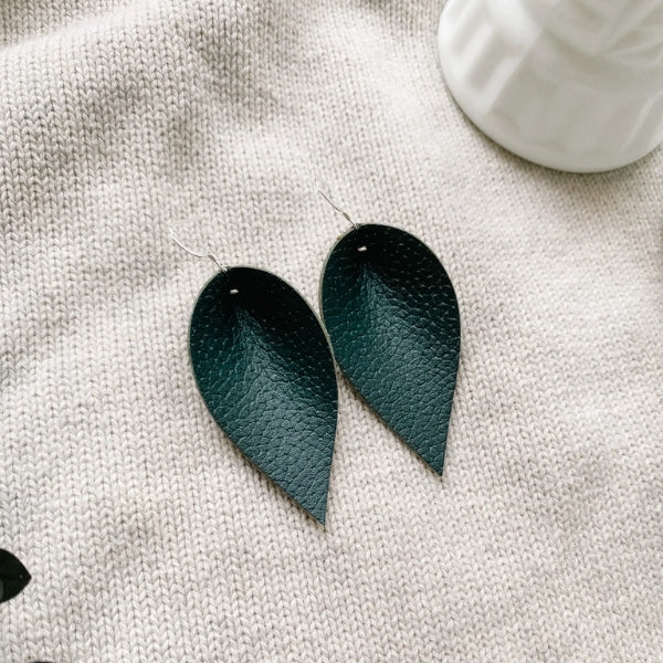 Dark Green Leaf Leather Drop Earrings | whitebirch handmade | boogie + birdie