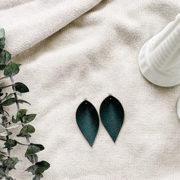 Dark Green Leaf Leather Drop Earrings | whitebirch handmade | boogie + birdie