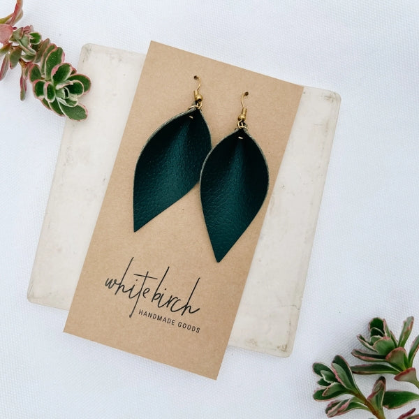 Dark Green Leaf Leather Drop Earrings | whitebirch handmade | boogie + birdie