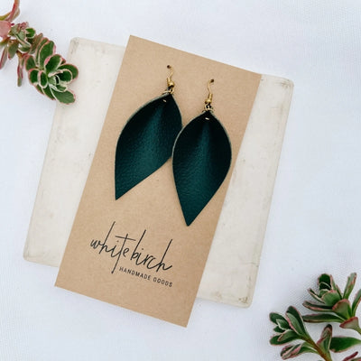 Dark Green Leaf Leather Drop Earrings | whitebirch handmade | boogie + birdie
