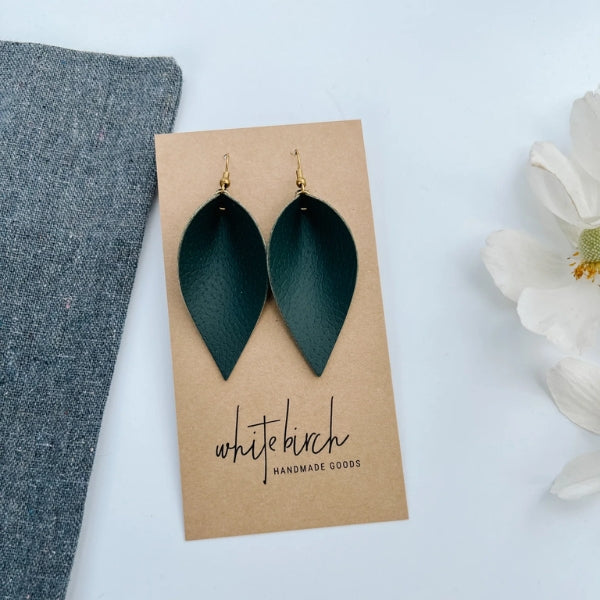 Dark Green Leaf Leather Drop Earrings | whitebirch handmade | boogie + birdie