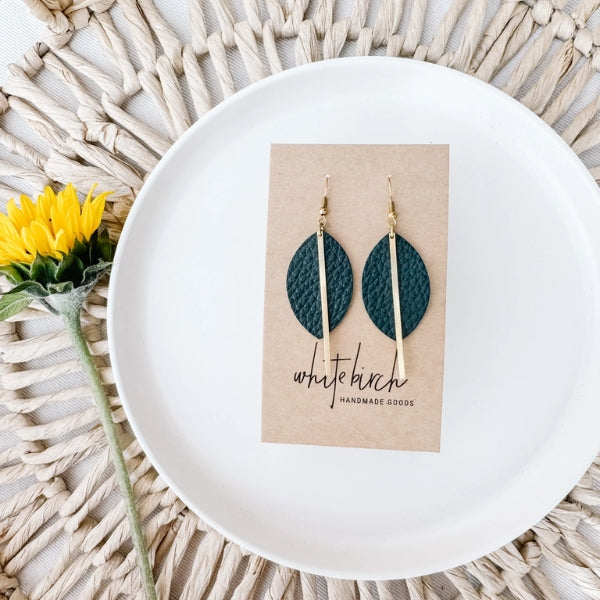 Dark Green Leather Petal and Brass Bar Drop Earrings | whitebirch handmade | boogie + birdie