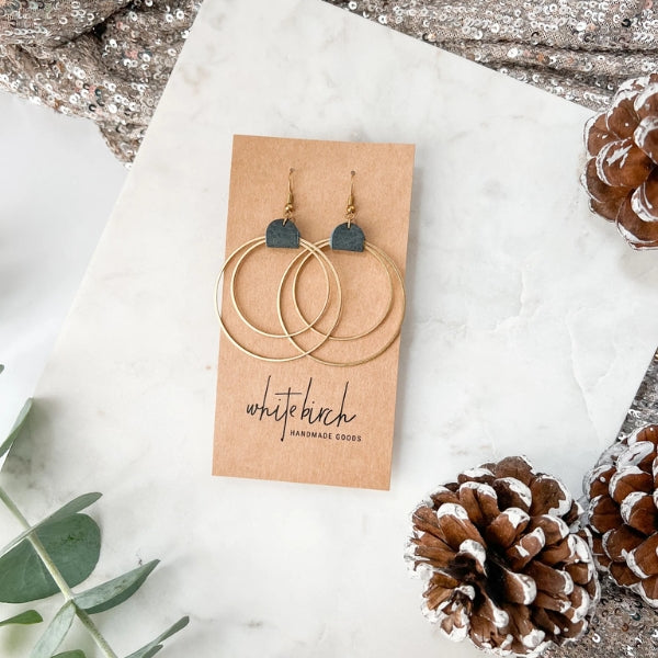 Denim Leather & Brass Circles Drop Earrings | whitebirch handmade | boogie + birdie