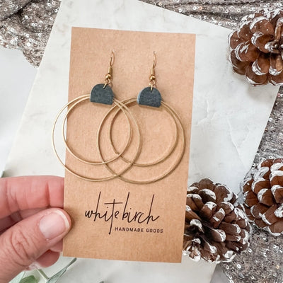 Denim Leather & Brass Circles Drop Earrings | whitebirch handmade | boogie + birdie