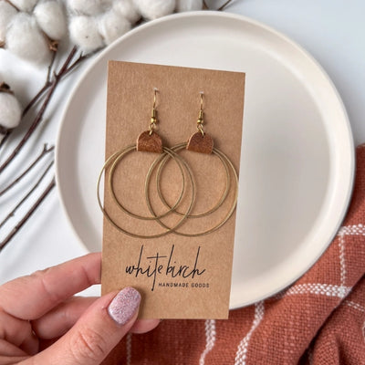 Brown Leather & Brass Circles Drop Earrings | whitebirch handmade | boogie + birdie
