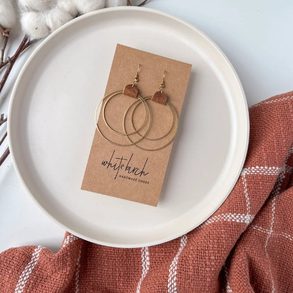 Brown Leather & Brass Circles Drop Earrings | whitebirch handmade | boogie + birdie