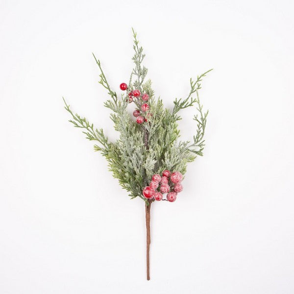 Frosted Cedar Decor Red Berries Branch