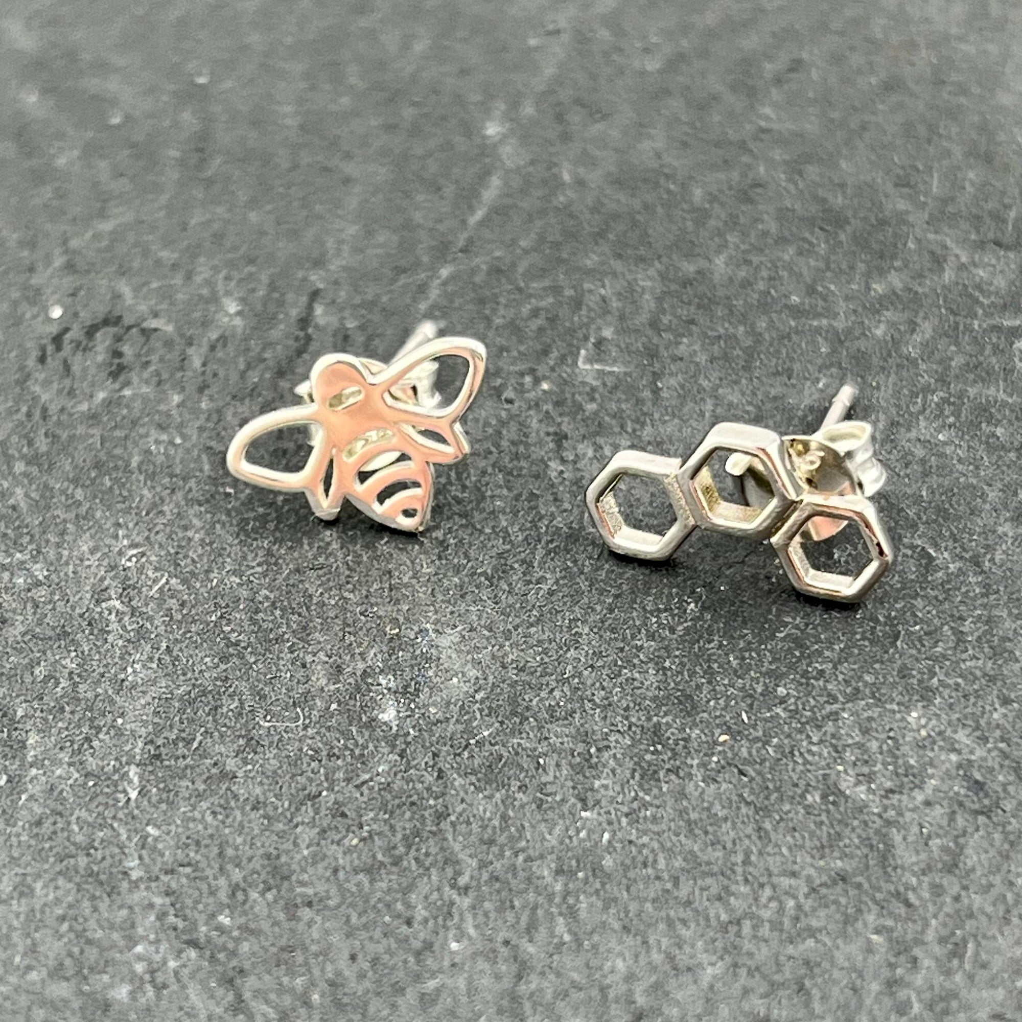 Silver Bee and Honeycomb Stud Earrings
