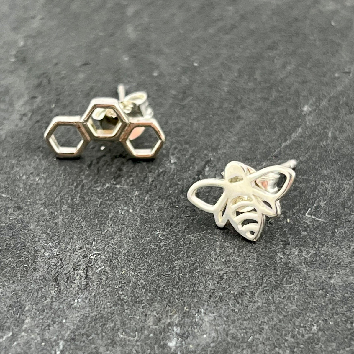 Silver Bee and Honeycomb Stud Earrings