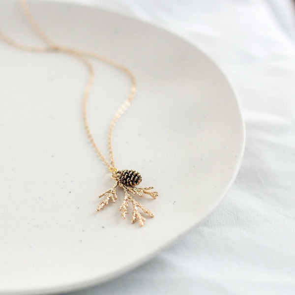 Juniper & Pine Cone Gold Necklace | Birch Jewellery | boogie + birdie

