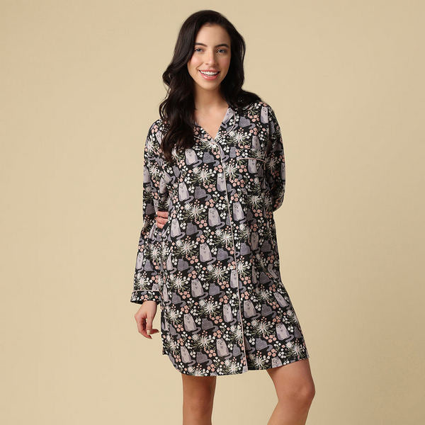 Kitty Cat Cotton Nighshirt (N283N) | Mahogany | boogie + birdie