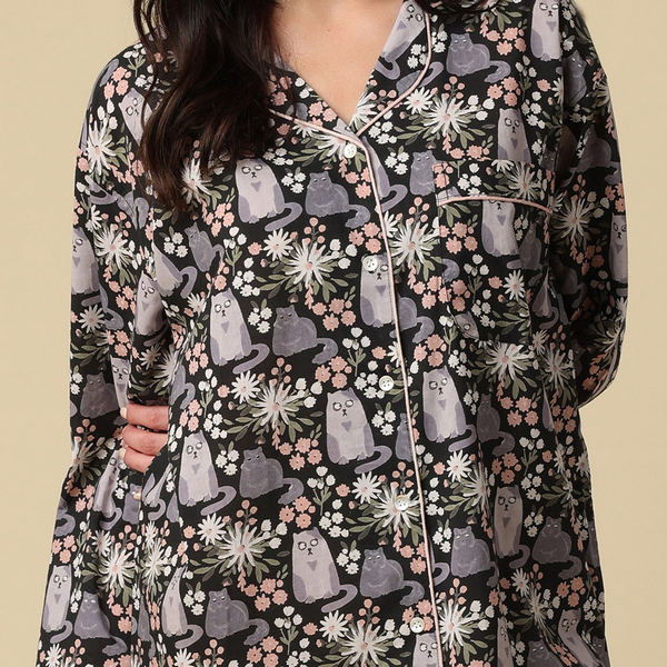 Kitty Cat Cotton Nighshirt (N283N) | Mahogany | boogie + birdie