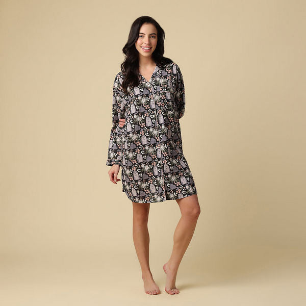 Kitty Cat Cotton Nighshirt (N283N) | Mahogany | boogie + birdie