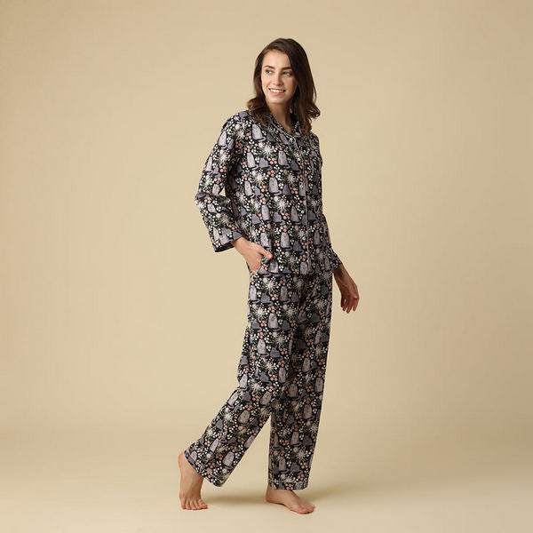 Kitty Cat Cotton Pajama Set (N283PJ) | Mahogany | boogie + birdie