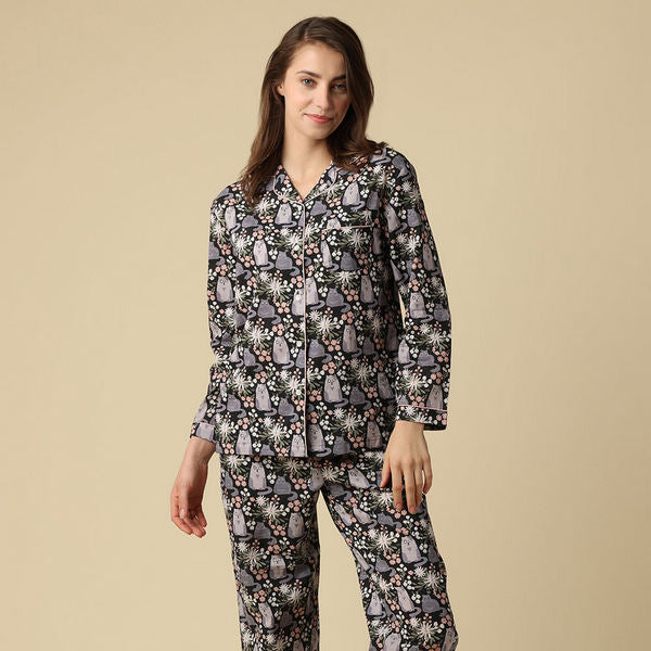 Kitty Cat Cotton Pajama Set (N283PJ) | Mahogany | boogie + birdie