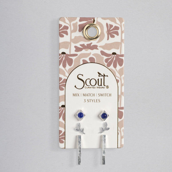 Silver Leaf Lapis Stud Trio Earrings (JQ006) | Scout | boogie + birdie