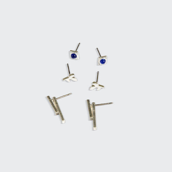 Silver Leaf Lapis Stud Trio Earrings (JQ006) | Scout | boogie + birdie