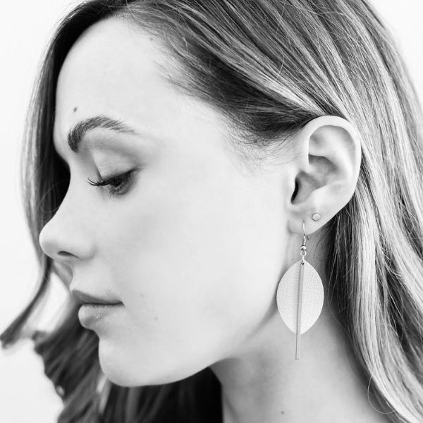 Dark Green Leather Petal and Brass Bar Drop Earrings | whitebirch handmade | boogie + birdie