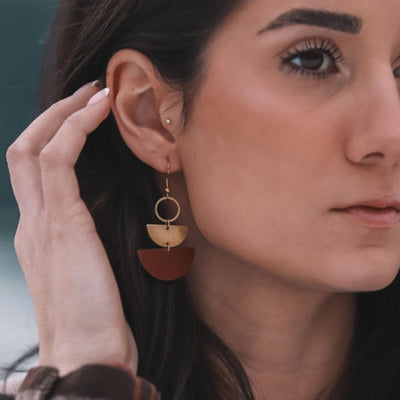 Mini Brown Leather & Brass Stacked Half Moon Dangles | whitebirch handmade | boogie + birdie