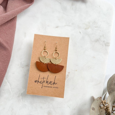 Mini Brown Leather & Brass Stacked Half Moon Dangles | whitebirch handmade | boogie + birdie