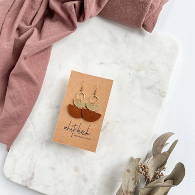 Mini Brown Leather & Brass Stacked Half Moon Dangles | whitebirch handmade | boogie + birdie