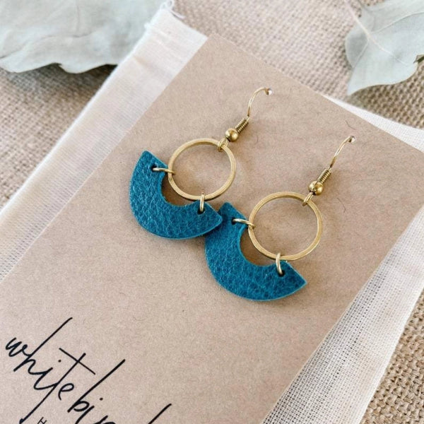 Ocean Teal Blue Leather and Brass Ring Earrings | whitebirch handmade | boogie + birdie