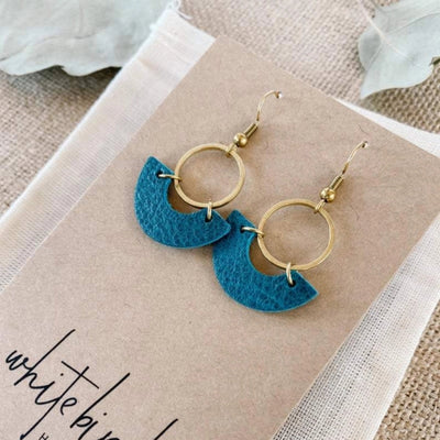 Ocean Teal Blue Leather and Brass Ring Earrings | whitebirch handmade | boogie + birdie