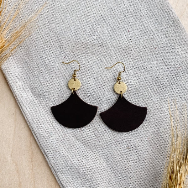 Dark Brown Leather & Brass Circles Drop Earrings | whitebirch handmade | boogie + birdie