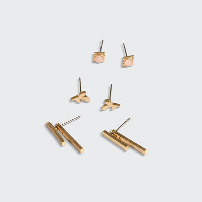 Gold Leaf Rose Quartz Stud Trio Earrings (JQ002) | Scout | boogie + birdie