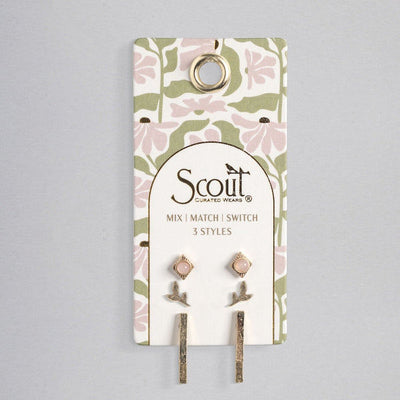Gold Leaf Rose Quartz Stud Trio Earrings (JQ002) | Scout | boogie + birdie